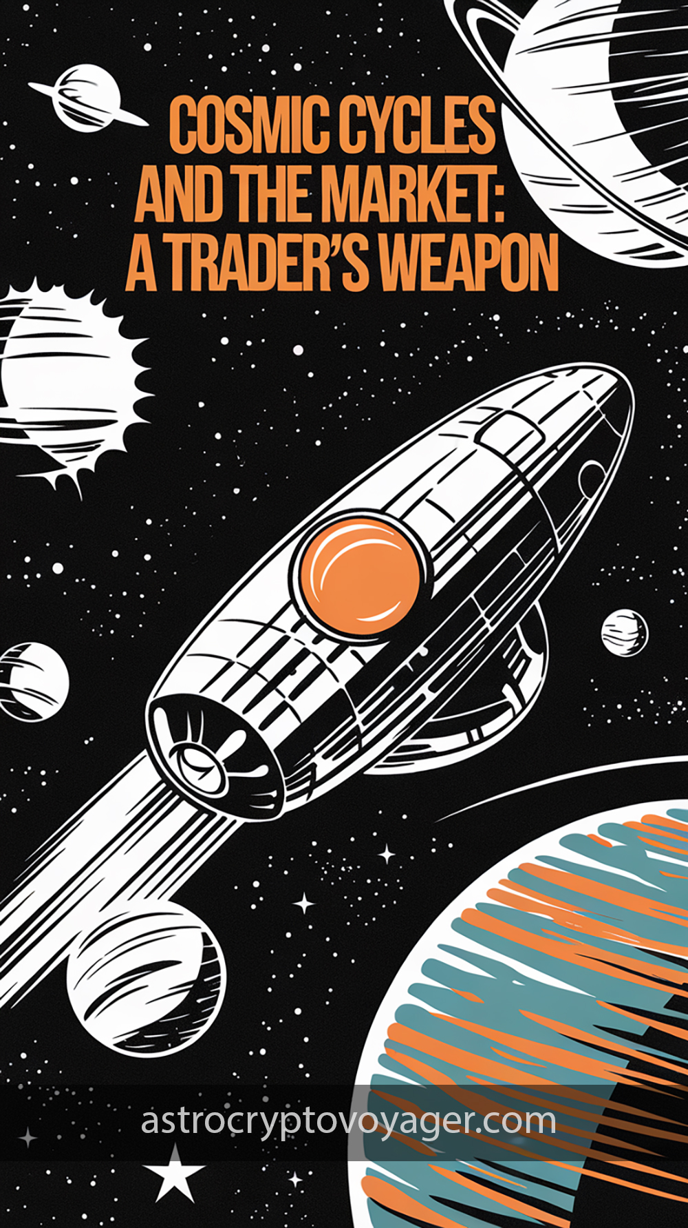 Comic book style, black and white with orange accents: Text on the image: "Cosmic Cycles and the Market A Trader’s Secret Weapon"